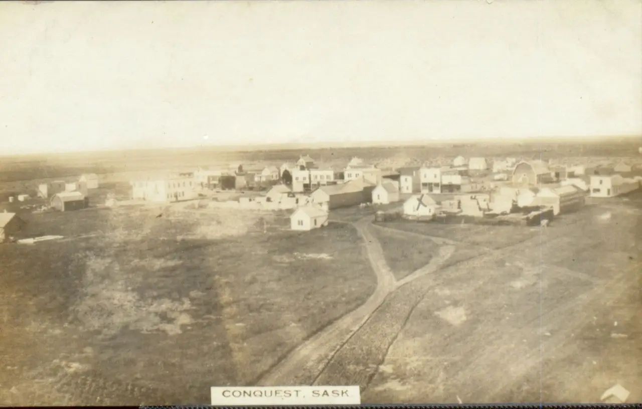 Aerial view of Conquest, Sask., about 1910